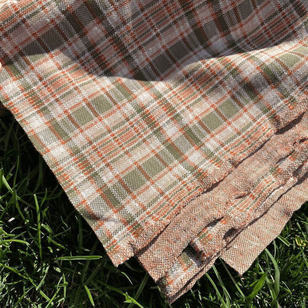 Vintage 60s 70s Plaid Poly Knit Fabric Green Orange Brown Retro Sewing 62"x106"